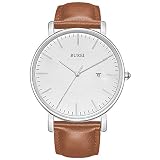 BUREI Men's Fashion Minimalist Wrist Watch Waterproof Watches Simple Ultra Thin Watches Analog Quartz Date with Brown Black Leather Strap