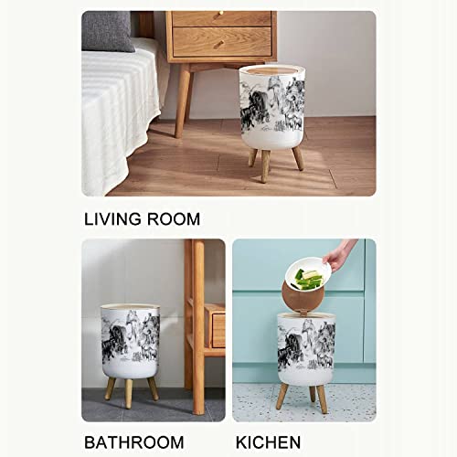 Image of Small Trash Can with Lid Vintage Western Ranch Seamless American Wild west Garbage Bin Wood Waste Bin Press Cover Round Wastebasket for Bathroom Bedroom Kitchen 7L /1.8 Gallon