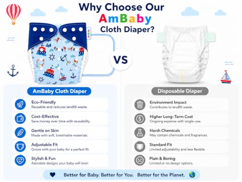 Image of Ambaby Pack of 4 Premium Pocket Cloth Diapers with 2 Diaper Covers & 2 High-Absorbency 4Layer Insert Pads. Leak-Proof, Adjustable, Breathable, Reusable & Washable. Fits Babies 3 Months-3 Years(3-18kg)