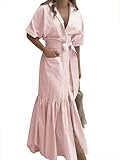 utcoco Women's 2025 Summer Casual Striped Button Down Maxi Dress Tie Waist Short Sleeve Shirt Dress with Pockets (Large, Pink)