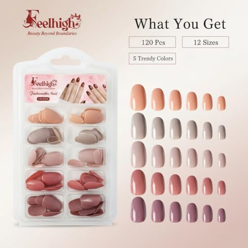 Image of 120 Pcs Press On Nail Tips - Medium Round Artificial Nail Extensions in 5 Colors, Natural Reusable Stick-On False Nails Kit for Women & Girls, 12 Sizes, Salon-Like Finish (Shade 02)