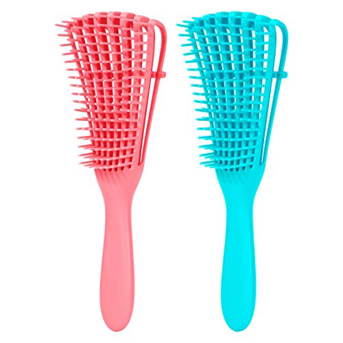2 Pack Detangling Brush for Curly Hair, Wiisdatek Black Hair Detangler, Afro Textured 3a to 4c Kinky Wavy, Detangle Easily Wet/Dry/Long Hair for Beautiful Shiny Curls (Pink Blue)