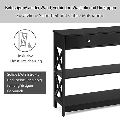 COSTWAY Konsola z szufladą i regałem, 3 poziomy, stół do przedpokoju z drewna, stolik pomocniczy, ochrona przed przewróceniem, 100 x 30 x 80 cm (czarny), HW65707DE