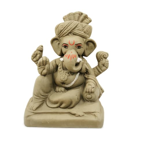Image of Clay Ganesh Idol, 4 Inches Height, Water Soluble Ganpati Murti for Ganpati Visarjan (Small) (Natural Brown - Pagri Ganesha)