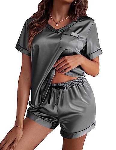Ekouaer Silk Pajama for Women Short Sleeve Satin Pj Set Two Piece Soft Sleepwear Loungewear Casual Pjs for Summer Dark Grey Medium