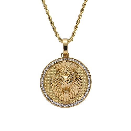 Moca Jewelry Hip-Hop - Collar redondo con colgante de cabeza de león de acero inoxidable y diamantes de imitación, para hombres y mujeres Cover
