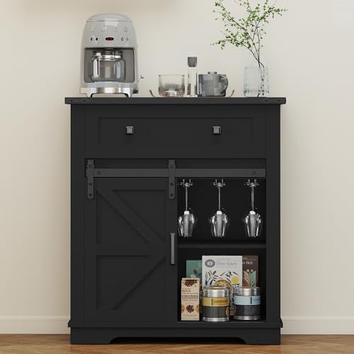 Real Relax Coffee Bar Cabinet, Farmhouse Sideboard Buffet Cabinets with Storage, Wine Glass Rack, Sliding Barn Door, Buffet Table for Kitchen, Dining Room, Entryway, Black Large Black
