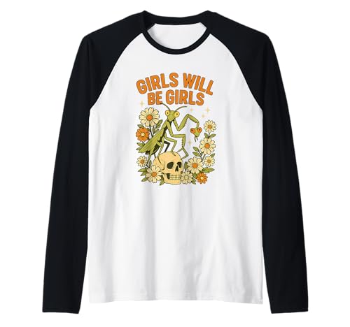 Girl Will Be Girls Praying Mantis Retro Halloween Raglan Baseball Tee