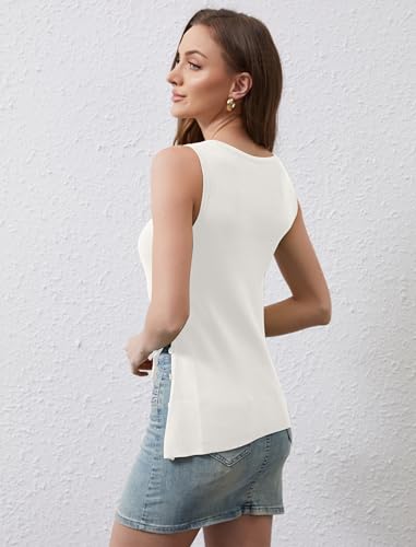 Image of Women Asymmetrical Button Sweater Vest Sleeveless Side Split Rib Knit Slim Fit Sweater Tank Top Summer Pullover Top