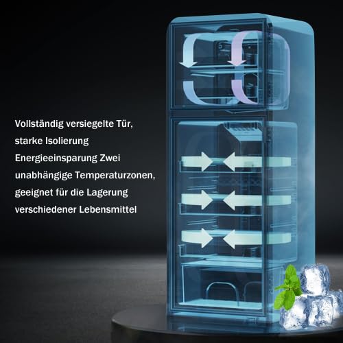 Merax Retro Kühlschrank mit Gefrierfach – Kleiner Mini Kühlschrank, 60L Gesamtvolumen, 22L Gefrierfach, 38L Kühlfach, 7 Temperaturstufen, Energieeffizienzklasse E, LED-Licht, Kompakt und Gelb