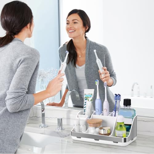 GFWARE Toothbrush Holders for Bathrooms Countertop Organizer - Kids Electric Toothbrush and Toothpaste Holder Detachable 7 Slots Tooth Brush Organization Bathroom Accessories Storage Vanity, Silver - Thumbnail 2