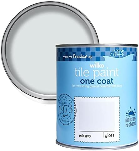 wilko One Coat Pale Grey Tile Gloss Paint, Glazed Ceramic Tiles Paint, Moisture Resistant Tile Gloss Paint, One Coat Tile Gloss Paint, 750ml
