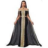 LRYBSA Gala Evening Party Dress Women's Prom Cape Dress with Pageant Shower Gown Black Gold Appliques Chiffon Dress