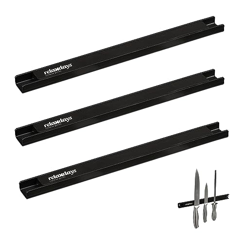 Relaxdays Magnetleiste 3er Set, je 30 cm lang, Stahl, Messerhalter für Werkzeug & Messer, an die Wand Schrauben, schwarz