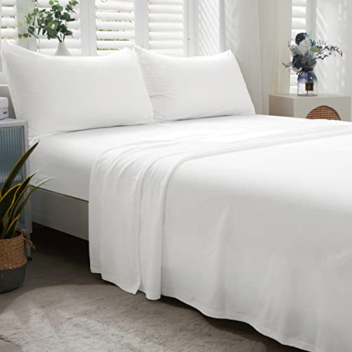 LIFETOWN 100% Jersey Knit Cotton Bed Sheet Ultra Soft T-Shirt Feel 1 Piece Flat Sheet Breathable Wrinkle-Free (Off White, Queen)