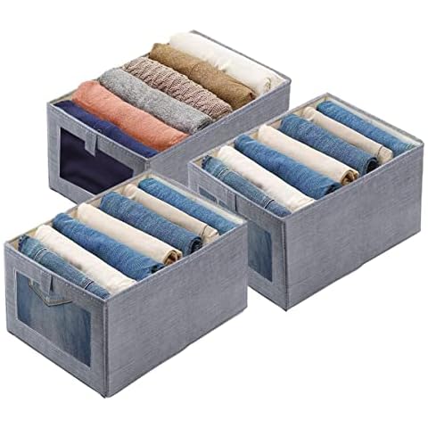 Wardrobe Storage Box Organizer Foldable Clothes Storage Box Bins for Wardrobe Drawer with Handle, Clear Window for Clothes Books Kids' Toy (Light Grey-3Pcs) Cover