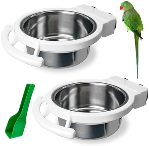 BNOSDM 2 PCS Bird Feeding Dish Cups Perch Stand Hanging Stainless Steel Bird Bowls Food Container Food and Water Bowls with Spoon for Budgie Cockatoo Finch Lovebirds Pigeons (White)