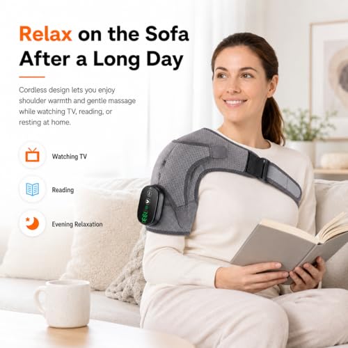 Image of Cordless Shoulder Heating Pad with Massage, Shoulder Massager with Heat, Heated Shoulder Wrap for Left or Right Shoulder, 3 Heat Levels & 3 Vibration Modes, 5000mAh Rechargeable Battery, Grey