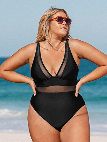Cupshe Women Plus Size One Piece Swimsuit V Neck Mesh Sheer Tummy Control Bathing Suit With Adjustable Wide Straps, 1X Black #TOP2