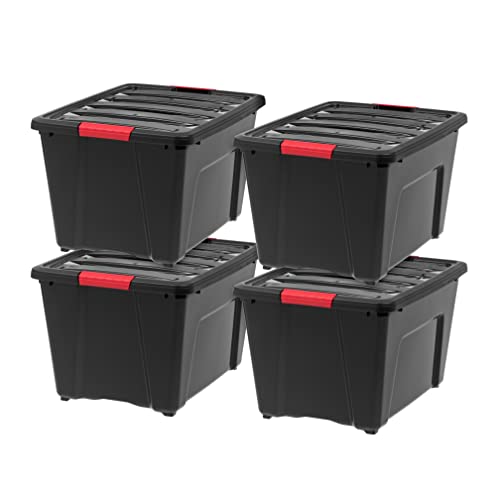 Image of IRIS USA 51 L (54 QT) Plastic Storage Box with Lid and Latches - 4 Pack - BPA-Free, Garage Organizing Solution, Durable Nestable Stackable Containers, Secure Pull Handle - Black