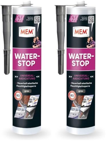 MEM Water Stop, Universalabdichtung und Feuchtigkeitssperre, Optimal geeignet für die Innen- und Außenanwendung, Lösemittel-, silikon- und bitumenfrei, Dichtet sofort, Grau, 290 ml Kartusche