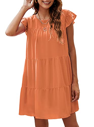 IHOT Womens Round Neck Summer Babydoll Dresses Casual Loose Solid Ruffle Sleeve Tunic Short Mini Dress Coral Pink Small