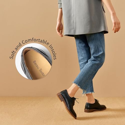 Image of BEAU TODAY Oxford Shoes for Women,Leather Brogue Dress Shoes,Comfort Brethable Ladies Lace-up Handmade Wingtip Shoes for Business Work