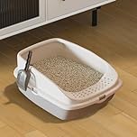 Cat Litter Tray Box, Litter Box, Plastic Cat Open Top Litter Tray with Free Scoop Kitten Detachable Rim Easy Cleaning,49 x 38 x 23cm (Grey)