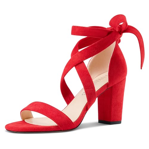 TNYNFBEB Womens Chunky Block Mid Heel Open Round Toe Sandals Ankle Strap Lace-up bow-knot Prom Party Dress 3.2 Inches Heels