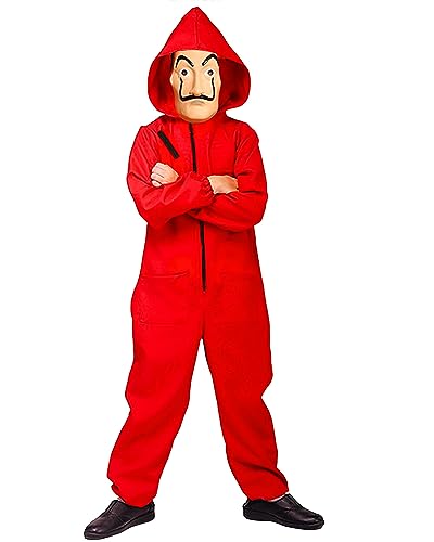 Disfarce completo de ladrão de dinheiro | kit completo de disfarces | fato vermelho com capuz para crianças (6-10 anos / 140 cm) máscara oficial de Dali | festa | Ladrão | OriginalCup