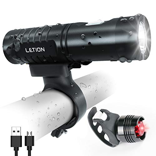 LETION Eclairage Vélo Etanche,Lampe LED 3 Modes Puissante USB Rechargeable,Phare de vélo Super Lumineux pour Tous Les vélos,Routes et Faible luminosité,IPX5 Éclairage Avant étanche pour VTT