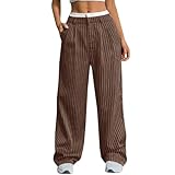 Women's Striped Straight Dress Pants Fashion Wide Leg Baggy Casual Fit High Waisted Comfy Spring Work Office Long Plus Size White-Trim Pinstripe Trendy Trousers with Pockets Coffee Medium
