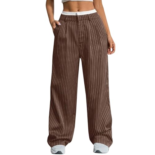 Women's Striped Straight Dress Pants Fashion Wide Leg Baggy Casual Fit High Waisted Comfy Spring Work Office Long Plus Size White-Trim Pinstripe Trendy Trousers with Pockets Coffee Medium