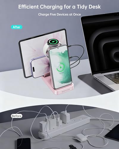 Image of Wireless Charger for Samsung: 5 in 1 Samsung Wireless Charging Station for Galaxy S26Ultra /S25 /S24, Charger Dock Stand for Galaxy Watch8 /7 /6 /5, Android Charging Station for All USB-C Buds, Pink