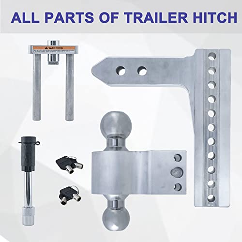 Adjustable Trailer Hitch 8” Drop/Rise Hitch Ball Mount For 2” Receiver, Aluminum Tow Hitch With 2 Stainless Steel Pins Locks, 12,500 Lbs Gtw, 2" And 2-5/16" Chromed Steel Balls For Heavy Duty Truck #TOP5