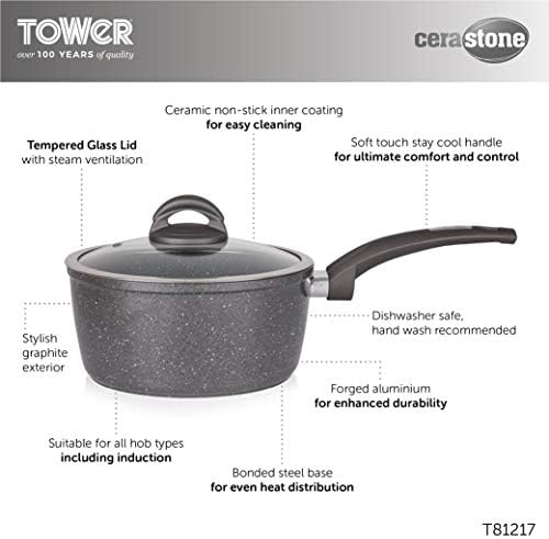 Tower T81276 Frying Pan and Saucepan Set, Graphite & Cerastone Induction Casserole Dish with Glass Lid, Non Stick Ceramic Coating, Easy to Clean, Graphite, 24 cm