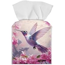 Hummingbird Tissue Box Cover Square, Cherry Blossom Tissue Box Holder for Girls Bedroom Waterproof Facial Tissue Organizer Dispenser 5"X5"X5"
