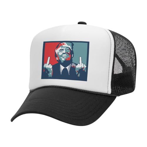 TeesAndTankYou Trump Middle Fingers Foam Trucker Cap Adjustable Mesh Back Hat, White/Black, 6 1/2-7 5/8
