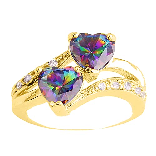 Siviki Women's Double Heart Ring, Engagement Created Mystic Rainbow Eternal Promise Ring, Unique Double Heart Eternal Engagement Ring (Golden, 8)
