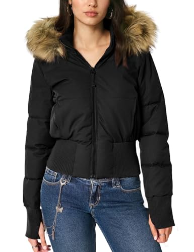 Yimoon Womens Faux Fur Hooded Puffer Jacket Cropped Puffer Jacket(Black-M)
