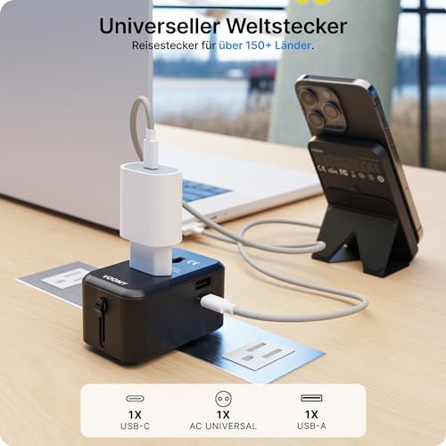 Foto von VOOMY Reiseadapter Weltweit, Universal Reiseadapter für 150+ Länder, Reisestecker Adapter Weltweit Europa USA Mexiko Australien, Universal all in one Travel Plug Adapter mit 2 USB und AC steckdose