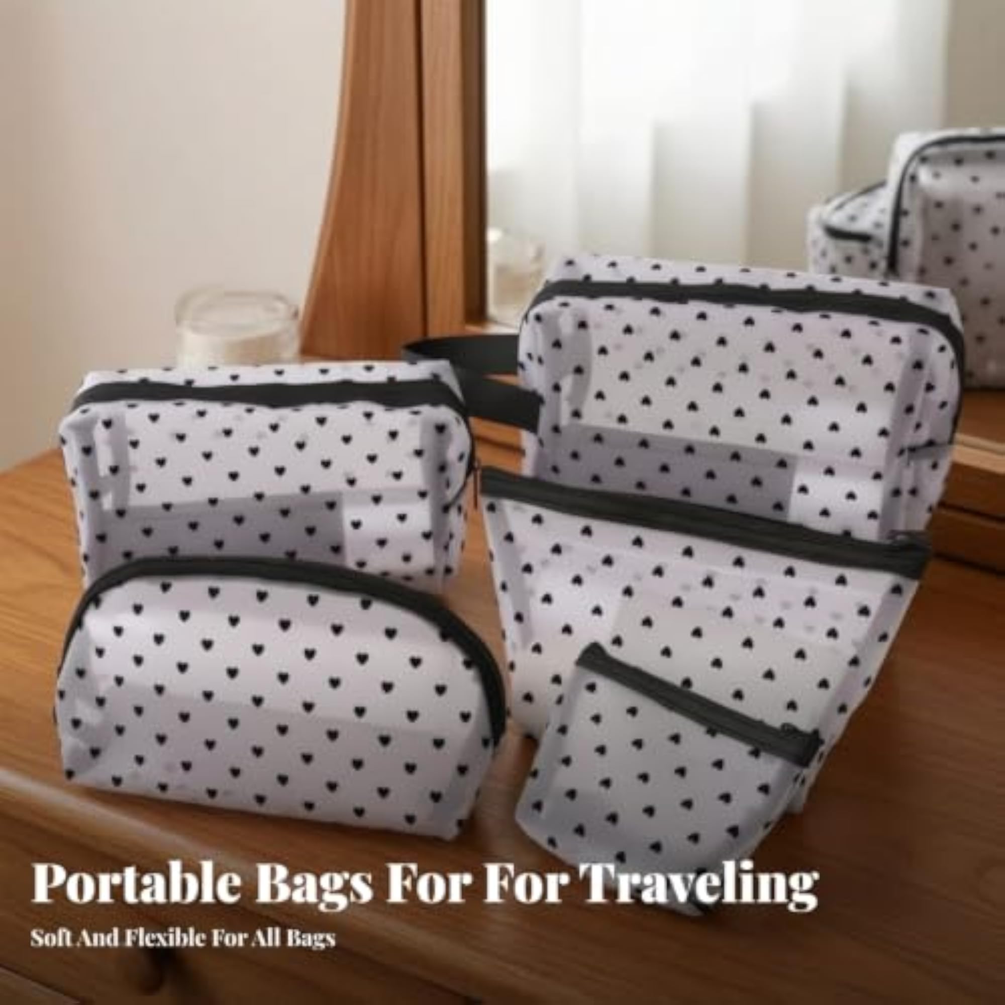 5 Pieces Heart Print Mesh Cosmetic Bag Set, Lightweight Pouches