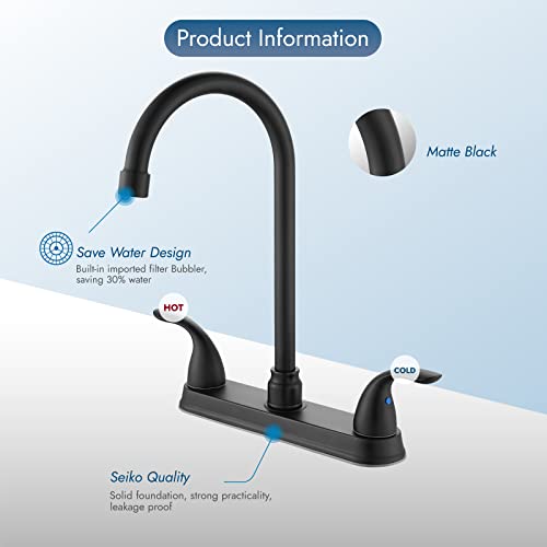 Cinwiny Kitchen Sink Faucet,Matte Black 2-Handle Kitchen Faucet High Arc 360° Rotating Spout 8 Inch Centerset Kitchen Sink Faucet With Supply Lines For 3 Holes Kitchen Sink #TOP7