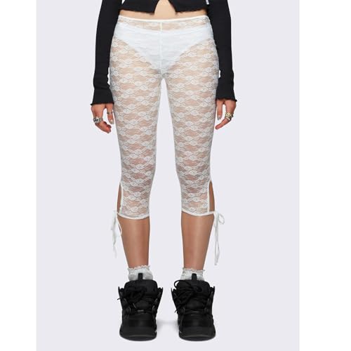 Image of Women Sheer Floral Lace Leggings Capris Y2K See Through Knee Length Tights Thigh High Stockings