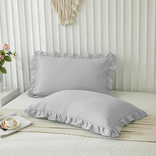 Microfiber Ruffle Pillow Shams Standard King Size Set of 2, 20X36 - Solid Ruffled Fringe Design Pillow Cases Soft & Breathable - Unique Collection Decorative Pillow Covers 20X36 - Silver Grey