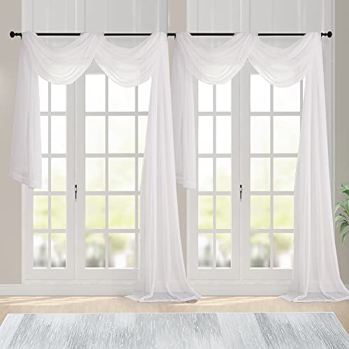 Image of Chyhomenyc Ivory Sheer Scarf Valances for Windows 216 Inch Extra Long, Window Scarf Drapes Rod Pocket Backdrop for Wedding Arch Draping /Party /Canopy Bed /Living Room, 2PC, 18 Feet Length