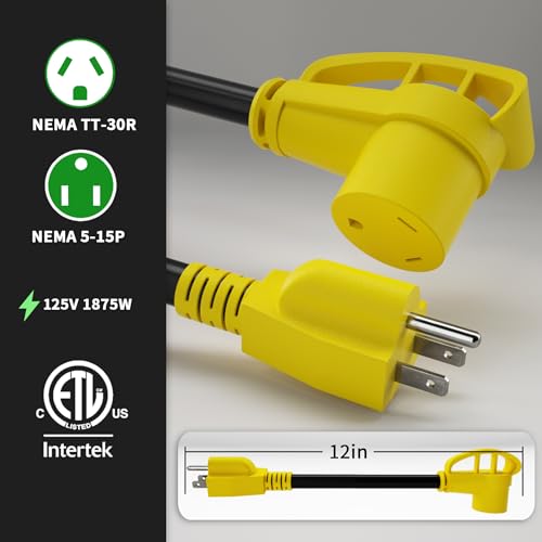 POWGRN RV 30 Amp to 110 Adapter 12 inch, Heavy Duty 10/3 Gauge RV Electrical Adapter, NEMA 5-15P Male to NEMA TT-30R Female, STW 10AWG 15A 125V 1875W, Black-Yellow, ETL Listed