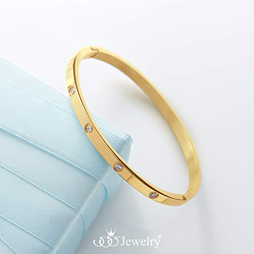 555Jewelry Womens Classic High Polish Stainless Steel Sparkling Cubic Zirconia Cz Hypoallergenic Fine Fashion Girls Jewelry Accessory Hinge Lock Love Cuff Bangle Bracelet, Yellow Gold #TOP3