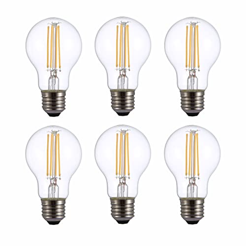 TEKLED® A60 Filament Vintage LED Bulbs | E27 Edison Screw | Energy Saving 6.5W Light Bulb 60W Equivalent | NONDIMMABLE Clear 2700K 806LM | 6-Pack | Warm White