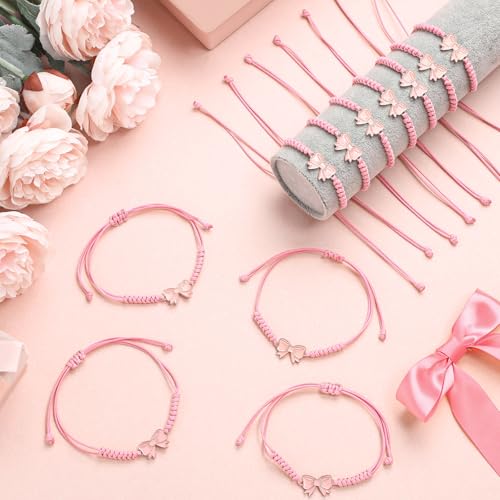 Liliaafar 12 Pcs / 24 Pcs Coquette Pink Bow Braid String Bracelets Gift Bulk Cheerleader Adjustable String Rope Braided Birthday Party Favor for Cheer Dance Team Friends Gift by Liliaafar - Image 2